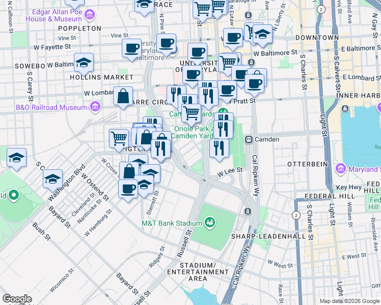 map of restaurants, bars, coffee shops, grocery stores, and more near 623 South Paca Street in Baltimore