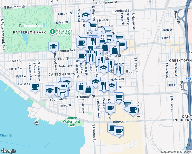 map of restaurants, bars, coffee shops, grocery stores, and more near 820 South Highland Avenue in Baltimore