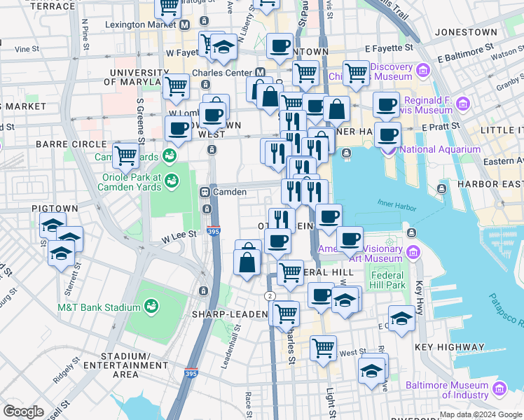map of restaurants, bars, coffee shops, grocery stores, and more near 506 South Hanover Street in Baltimore