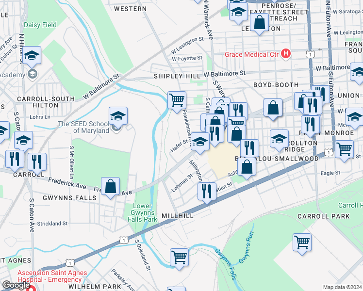 map of restaurants, bars, coffee shops, grocery stores, and more near 2627 Hafer Street in Baltimore