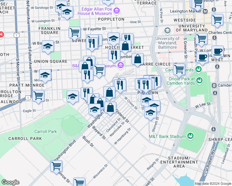 map of restaurants, bars, coffee shops, grocery stores, and more near 1103 Sargeant Street in Baltimore