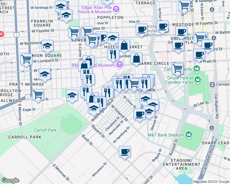 map of restaurants, bars, coffee shops, grocery stores, and more near 1103 Sargeant Street in Baltimore