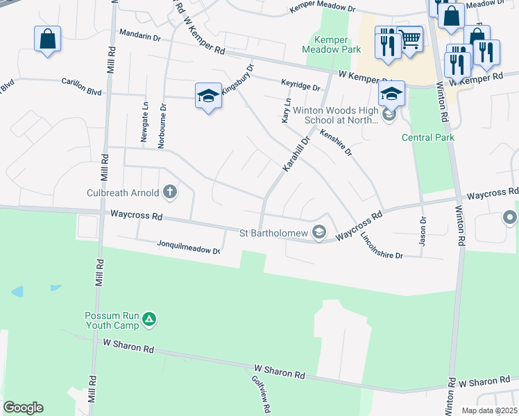 map of restaurants, bars, coffee shops, grocery stores, and more near 1569 Karahill Drive in Cincinnati