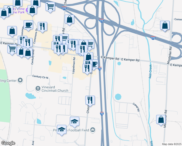 map of restaurants, bars, coffee shops, grocery stores, and more near 11499 Chester Road in Cincinnati