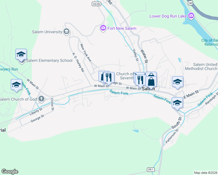 map of restaurants, bars, coffee shops, grocery stores, and more near 200 West Main Street in Salem