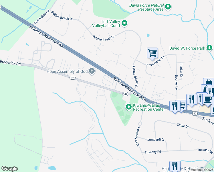 map of restaurants, bars, coffee shops, grocery stores, and more near 10502 Old Ellicott Circle in Ellicott City