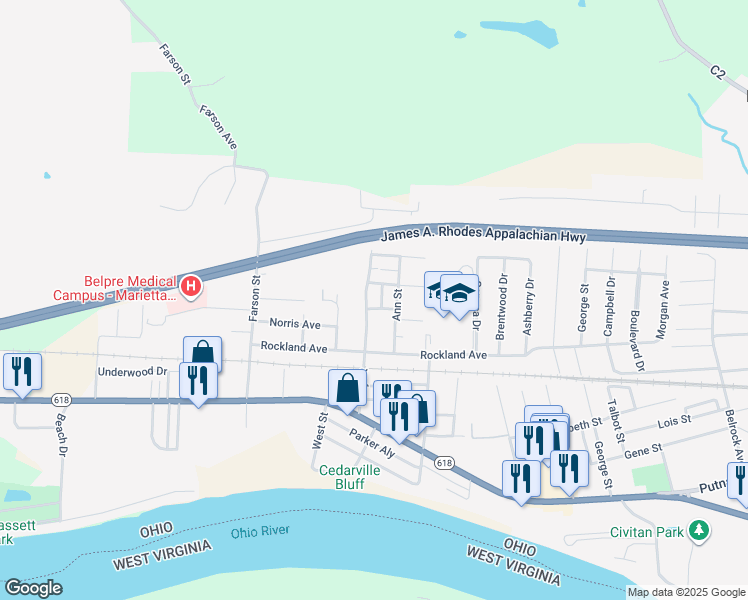 map of restaurants, bars, coffee shops, grocery stores, and more near 2212 Miller Avenue in Belpre