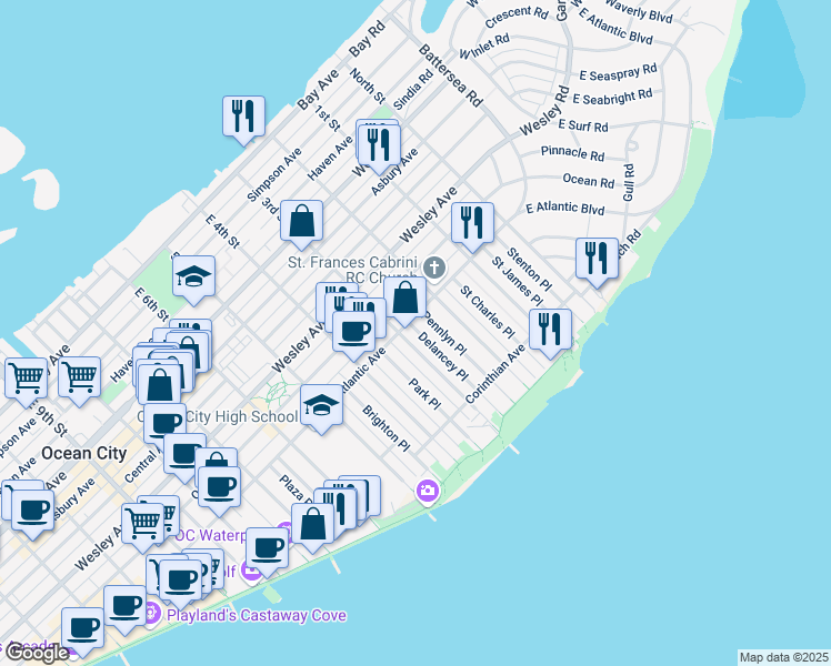 map of restaurants, bars, coffee shops, grocery stores, and more near 805 Pennlyn Place in Ocean City