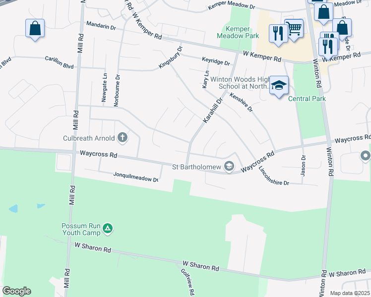 map of restaurants, bars, coffee shops, grocery stores, and more near 1569 Karahill Drive in Cincinnati