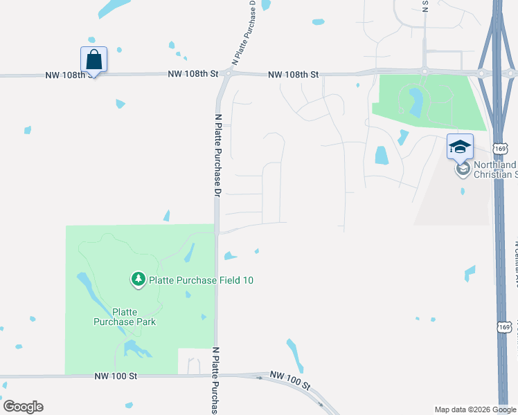 map of restaurants, bars, coffee shops, grocery stores, and more near 10373-10685 North Platte Purchase Drive in Kansas City