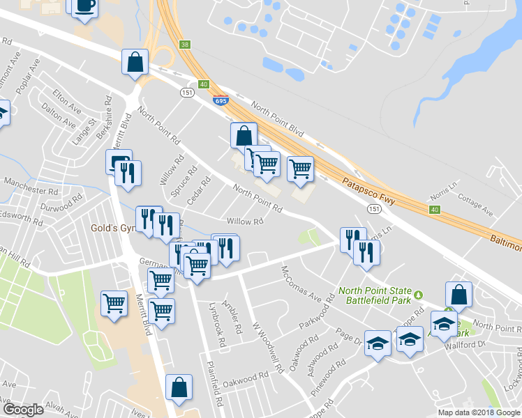 map of restaurants, bars, coffee shops, grocery stores, and more near 1327 North Point Road in Dundalk