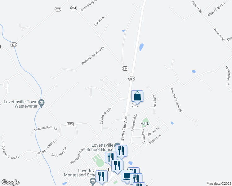 map of restaurants, bars, coffee shops, grocery stores, and more near 8 Tilgham Place in Lovettsville