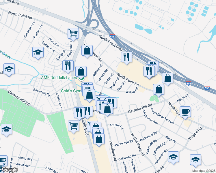 map of restaurants, bars, coffee shops, grocery stores, and more near 1260 Willow Road in Dundalk