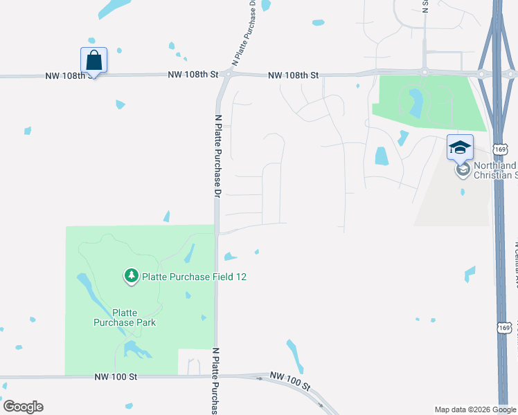 map of restaurants, bars, coffee shops, grocery stores, and more near 10373-10685 North Platte Purchase Drive in Kansas City
