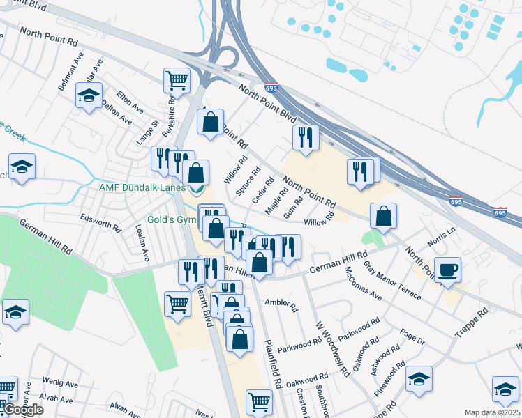 map of restaurants, bars, coffee shops, grocery stores, and more near 1260 Willow Road in Dundalk