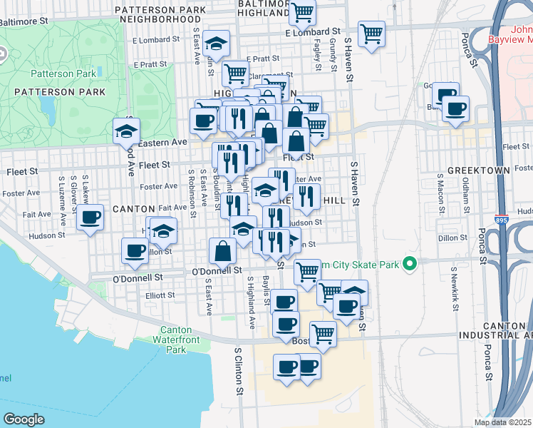 map of restaurants, bars, coffee shops, grocery stores, and more near 801 South Highland Avenue in Baltimore