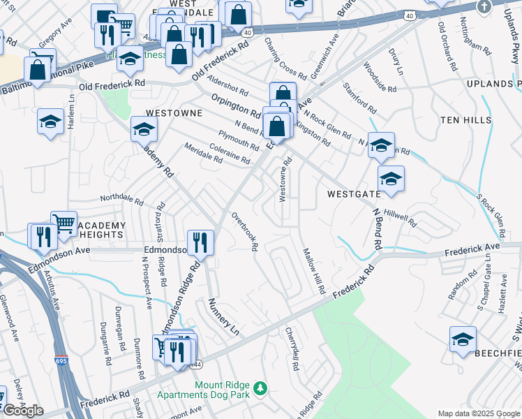 map of restaurants, bars, coffee shops, grocery stores, and more near 300 Westshire Road in Baltimore