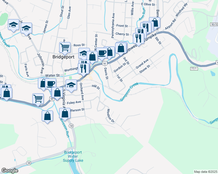 map of restaurants, bars, coffee shops, grocery stores, and more near 139 Davis Street in Bridgeport