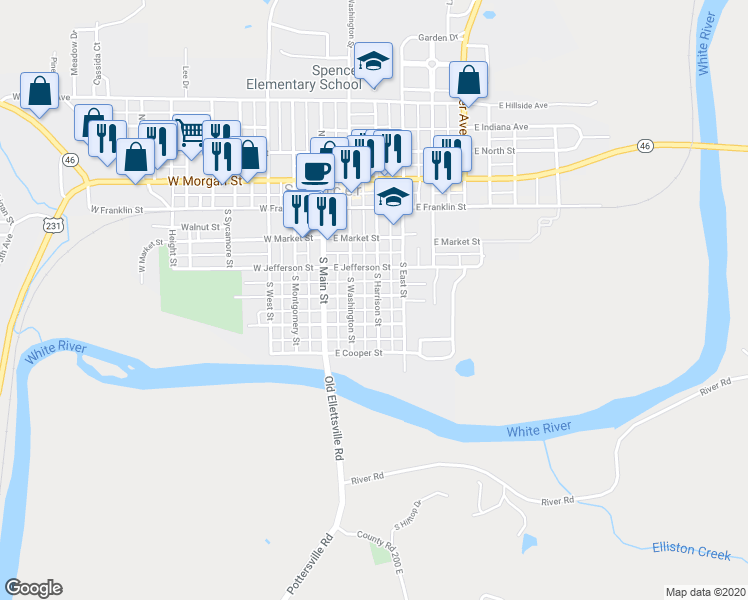 map of restaurants, bars, coffee shops, grocery stores, and more near 172 East Wayne Street in Spencer