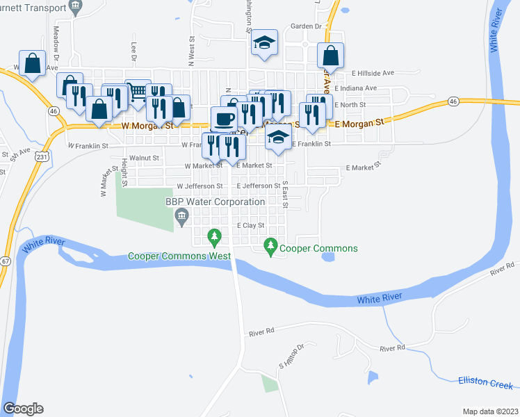 map of restaurants, bars, coffee shops, grocery stores, and more near 160 East Wayne Street in Spencer