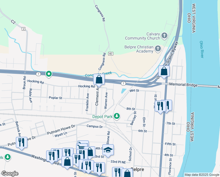 map of restaurants, bars, coffee shops, grocery stores, and more near 902 Warren Avenue in Belpre