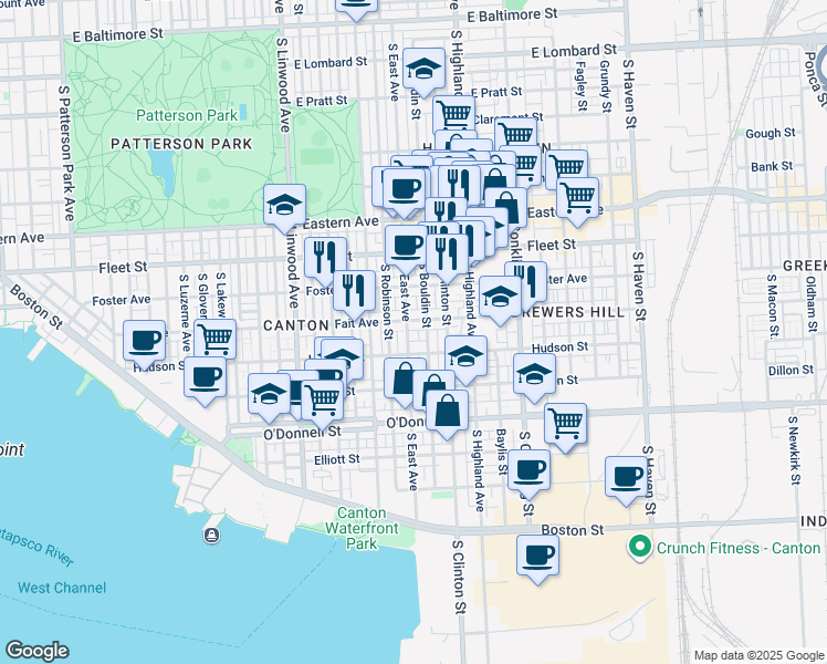 map of restaurants, bars, coffee shops, grocery stores, and more near 801 South East Avenue in Baltimore
