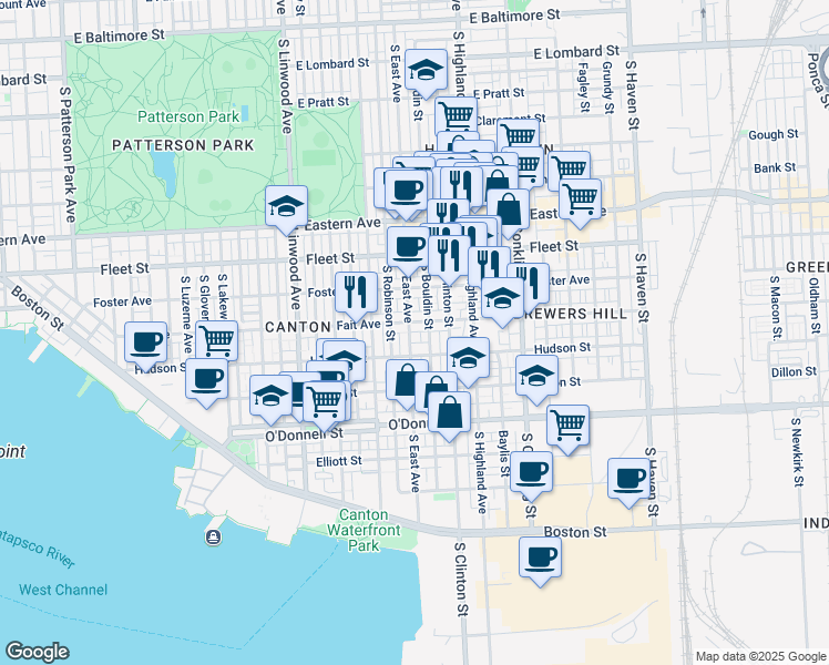 map of restaurants, bars, coffee shops, grocery stores, and more near 801 South East Avenue in Baltimore