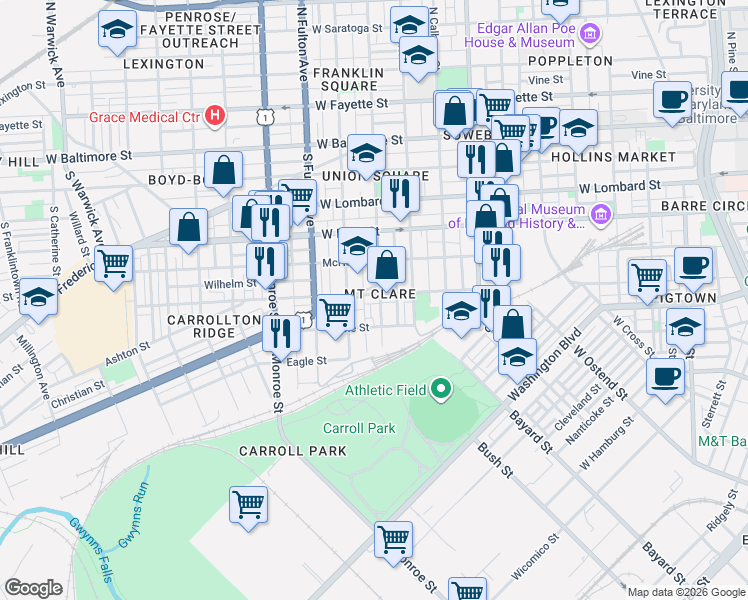 map of restaurants, bars, coffee shops, grocery stores, and more near 1607 Ramsay Street in Baltimore
