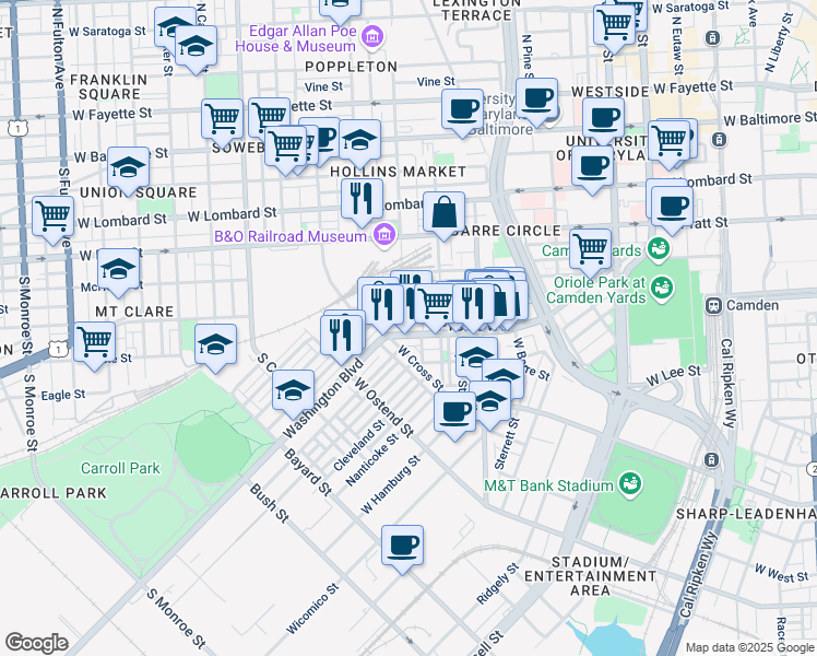 map of restaurants, bars, coffee shops, grocery stores, and more near 916 Washington Boulevard in Baltimore