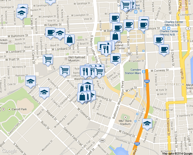 map of restaurants, bars, coffee shops, grocery stores, and more near Washington Blvd & W Barre St in Baltimore