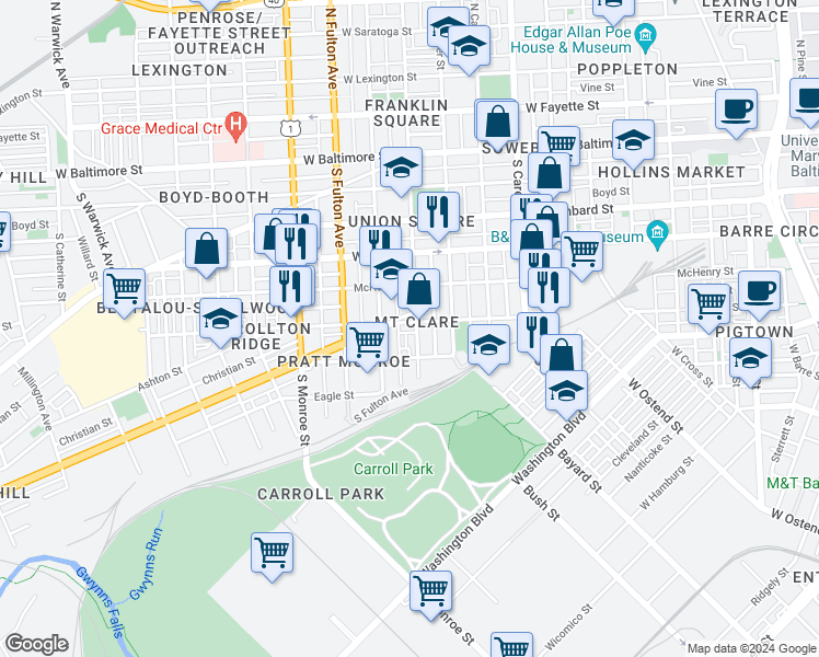 map of restaurants, bars, coffee shops, grocery stores, and more near 1607 Ramsay Street in Baltimore