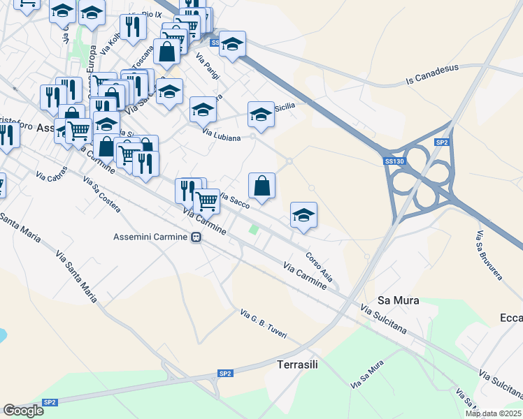 map of restaurants, bars, coffee shops, grocery stores, and more near 59 Via Sacco in Assemini