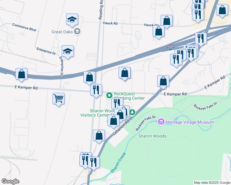 map of restaurants, bars, coffee shops, grocery stores, and more near 3470 East Kemper Road in Cincinnati