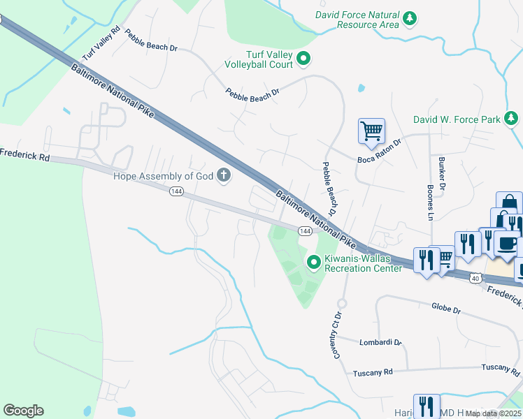 map of restaurants, bars, coffee shops, grocery stores, and more near 10501 Old Ellicott Circle in Ellicott City