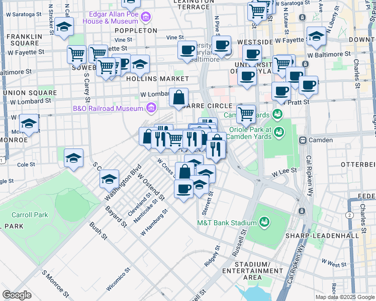 map of restaurants, bars, coffee shops, grocery stores, and more near 822 Washington Boulevard in Baltimore