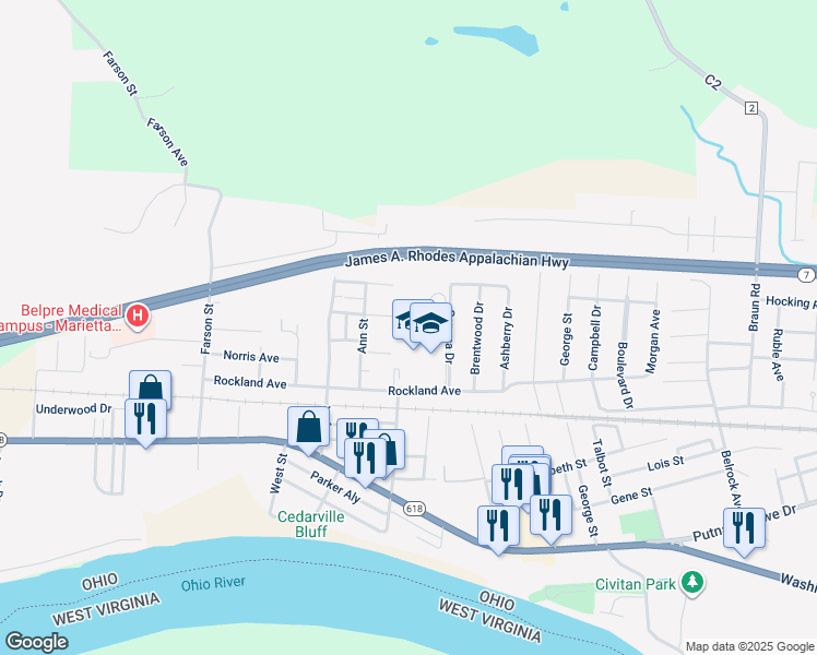 map of restaurants, bars, coffee shops, grocery stores, and more near 2000 Rockland Avenue in Belpre