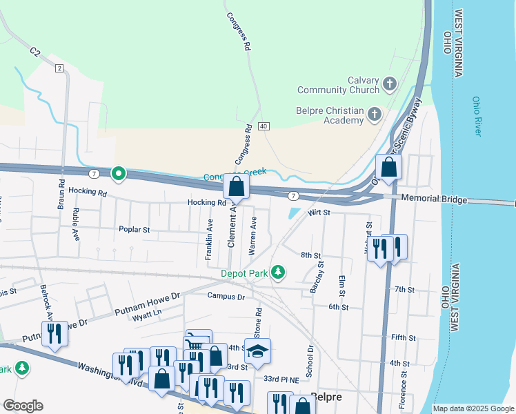 map of restaurants, bars, coffee shops, grocery stores, and more near 902 Warren Avenue in Belpre