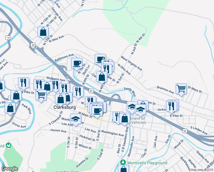 map of restaurants, bars, coffee shops, grocery stores, and more near 309-399 Clark St in Clarksburg