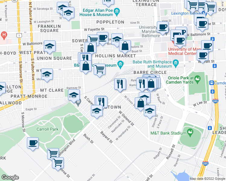 map of restaurants, bars, coffee shops, grocery stores, and more near 1122 Sargeant Street in Baltimore