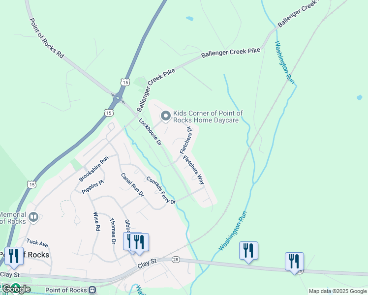 map of restaurants, bars, coffee shops, grocery stores, and more near Fletchers Drive in Point of Rocks