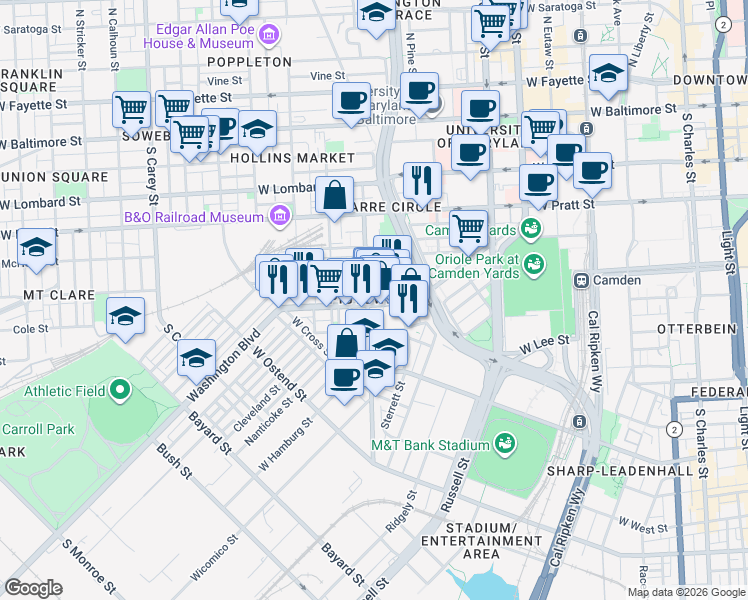 map of restaurants, bars, coffee shops, grocery stores, and more near 784 Washington Boulevard in Baltimore