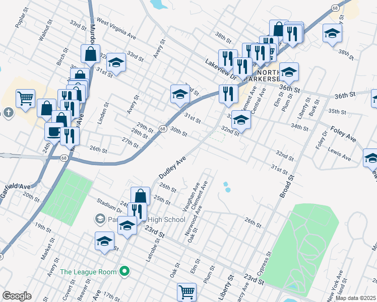 map of restaurants, bars, coffee shops, grocery stores, and more near 2815 Dudley Avenue in Parkersburg