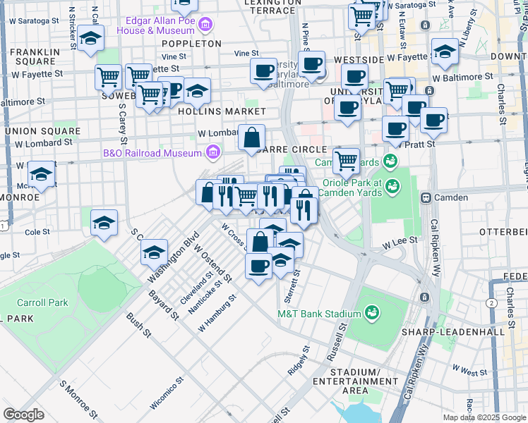 map of restaurants, bars, coffee shops, grocery stores, and more near 822 Washington Boulevard in Baltimore