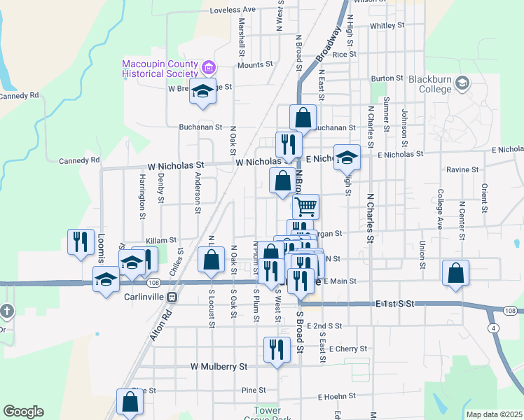 map of restaurants, bars, coffee shops, grocery stores, and more near 354 North Plum Street in Carlinville