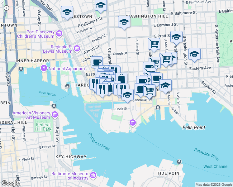 map of restaurants, bars, coffee shops, grocery stores, and more near 1301 Aliceanna Street in Baltimore