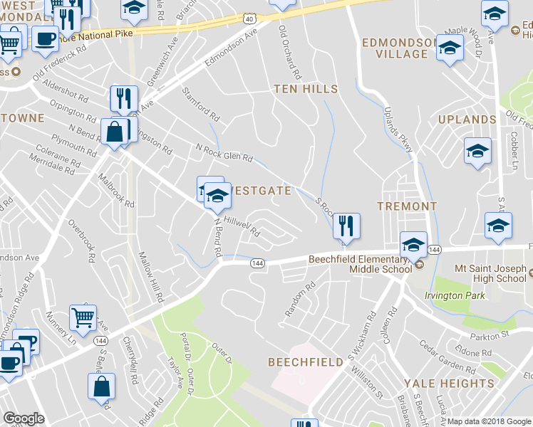 map of restaurants, bars, coffee shops, grocery stores, and more near 5228 Fredcrest Rd in Baltimore