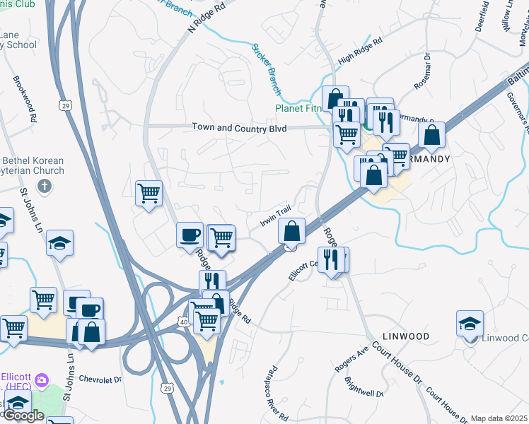 map of restaurants, bars, coffee shops, grocery stores, and more near Kaiser Drive in Ellicott City