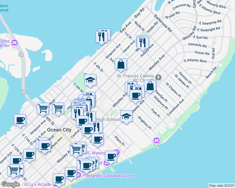 map of restaurants, bars, coffee shops, grocery stores, and more near 417 Central Avenue in Ocean City