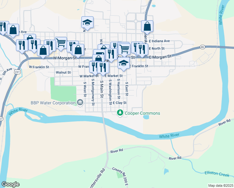 map of restaurants, bars, coffee shops, grocery stores, and more near 258 South Harrison Street in Spencer