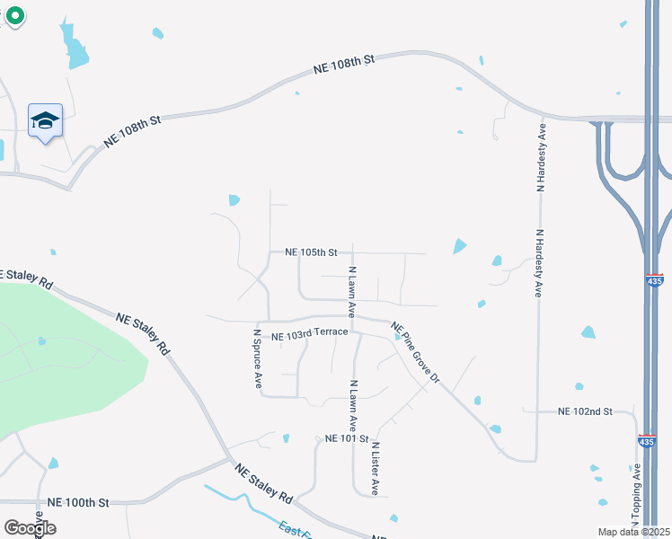 map of restaurants, bars, coffee shops, grocery stores, and more near 4601 Northeast 105th Street in Kansas City